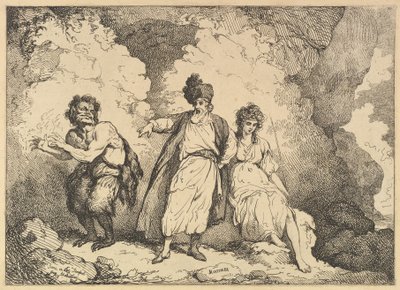 Escena de La Tempestad: Calibán, Próspero y Miranda, [1783-87] reeditado en 1801 de Thomas Rowlandson
