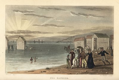 Baño en el mar: mujeres desnudas nadando en el mar, y máquinas de baño siendo llevadas al agua. Grabado en cobre coloreado a mano por Thomas Rowlandson, aguafuerte por J.C. Stadler, después de un boceto de J. Green de Poetical Sketches of Scarborough, Acke de Thomas Rowlandson