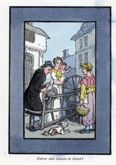 Afilador afilando un cuchillo en su rueda de afilar, con sus clientes (1819). Grabado en madera, basado en una pintura de Thomas Rowlandson (1756-1827), publicado en The Cris of London: con seis encantadores niños y casi 40 ilustraciones, por Andrew Tuer de Thomas Rowlandson