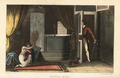 Baño de ducha: mujeres tomando una ducha fría en un baño ocultando su modestia de un intruso masculino de Thomas Rowlandson