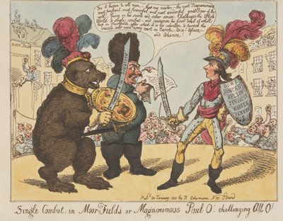 «Combate singular, en Moorfields, ¡o el magnánimo Paul O!» — ¡Desafiando a todos, O! (de: Caricature, vol. 4) de Thomas Rowlandson