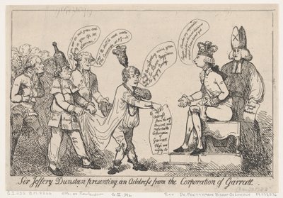 Sir Jeffery Dunstan presenta un discurso en nombre de la Corporación de Garratt de Thomas Rowlandson
