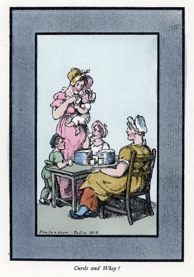 Mujer sentada vendiendo leche de codorniz y leche a una madre y sus hijos (1819) de Thomas Rowlandson