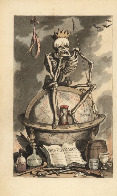 Esqueleto con corona, lanza y reloj de arena sentado sobre un globo encima de varias armas letales, pistolas, cuchillos, venenos y drogas. Grabado en cobre coloreado a mano dibujado y grabado por Thomas Rowlandson de The English Dance of Death, Ackermann,  de Thomas Rowlandson