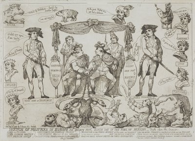 Esbozo de la situación política en Europa, 24 de enero de 1786 — Cumpleaños del rey de Prusia de Thomas Rowlandson