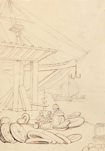 Boceto de una mujer y unos niños sentados en un muelle de embarque de Thomas Rowlandson