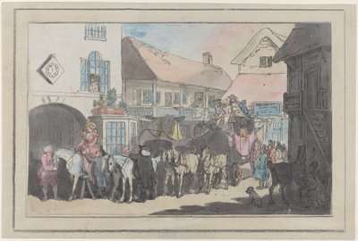 Carruaje y jinetes en el patio de una posada, preparándose para partir de Thomas Rowlandson