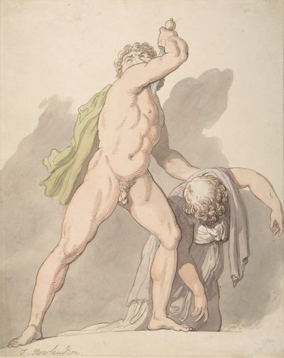 Hombre desnudo de pie apoyando a una mujer desmayada Ludovisi Gaul en los Uffizi, 1780-1827 de Thomas Rowlandson
