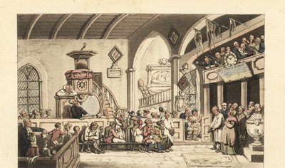 Servicio dominical en una iglesia rural, Era Regencia de Thomas Rowlandson