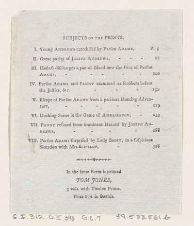 Tabla de contenidos: Las aventuras de Joseph Andrews y su amigo el Sr. Abraham Adams, 1792 de Thomas Rowlandson