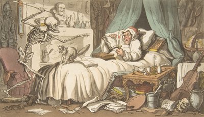 El último testamento del anticuario, La danza de la muerte inglesa, placa 2, abril 1, 1814 de Thomas Rowlandson