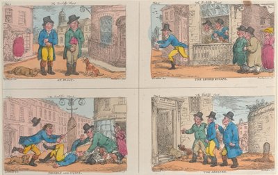 La caza del alguacil: En falta, La segunda fuga, Doble y Cuclillas, y La captura de Thomas Rowlandson