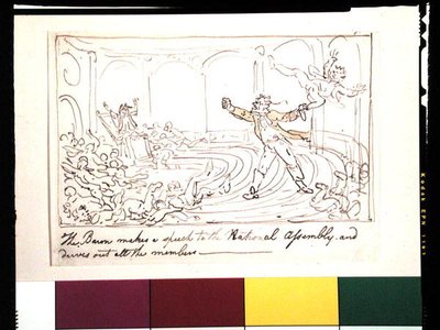 El barón da un discurso a la Asamblea Nacional y expulsa a todos los miembros de Thomas Rowlandson