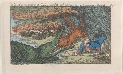 El barón llega a Ceilán, combate y conquista dos oponentes extraordinarios de Thomas Rowlandson