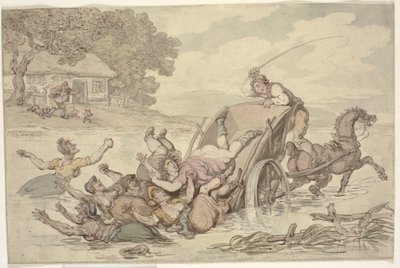 El carretero y los gitanos: Un carro volcado en un arroyo, volcando a un grupo de mujeres en el agua de Thomas Rowlandson