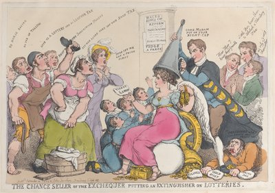 El vendedor de loterías del Exchequer poniendo un extintor en las loterías, 18 de septiembre de 1823 de Thomas Rowlandson