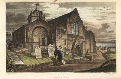 La Iglesia: viejos turistas leyendo las lápidas en un cementerio gótico. Grabado en cobre coloreado a mano por Thomas Rowlandson, aguafuerte por J.C. Stadler, basado en un boceto de J. Green de Poetical Sketches of Scarborough, Ackermann, Londres de Thomas Rowlandson
