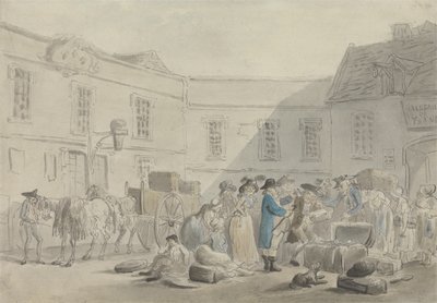 La aduana en Boulogne - reverso: boceto en grafito de caballos, carruajes y edificios de Thomas Rowlandson