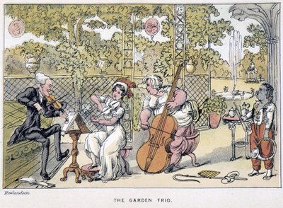 El Doctor tocando el violín: “El trío del jardín” - en “Los tres viajes del Doctor Syntax: en busca del pintoresco consuelo y una esposa” de William Combe, ill. Rowlandson de Thomas Rowlandson