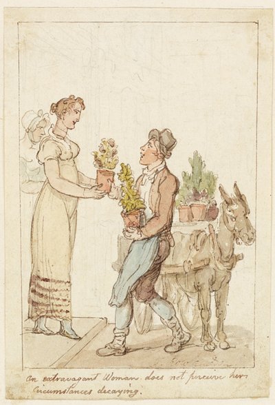 La mujer extravagante no percibe que sus circunstancias están decayendo de Thomas Rowlandson