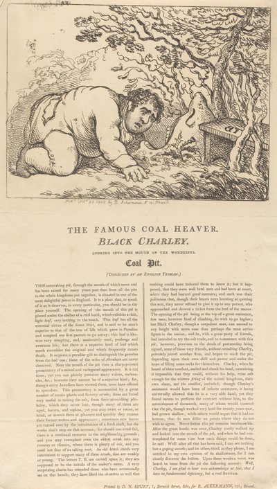 El famoso cargador de carbón, Black Charley, asomándose a la boca de la maravillosa mina de carbón de Thomas Rowlandson