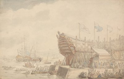 La botadura del H.M.S. «Hibernia» en 1804 de Thomas Rowlandson
