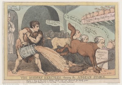 El Hércules Moderno, limpiando el establo de Augías, 23 de abril de 1805 de Thomas Rowlandson