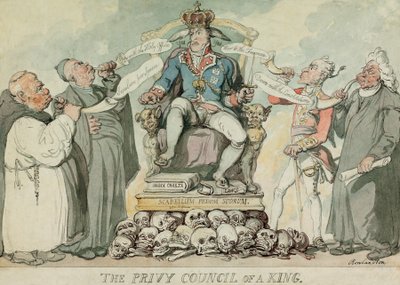 El Consejo Privado de un Rey, pub. 1815 (grabado coloreado a mano) de Thomas Rowlandson