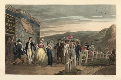 El paseo: turistas de moda paseando fuera de Cracknill Shells, Pebbles and Curiosities Shop. Grabado en cobre coloreado a mano por Thomas Rowlandson, aguafuerte por J.C. Stadler, después de un boceto de J. Green de Poetical Sketches of Scarborough, Ackerma de Thomas Rowlandson
