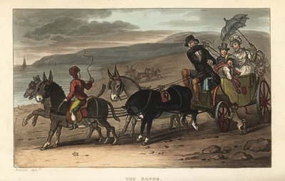 Los Arenales: turistas en un carruaje tirado por burros en la playa. Grabado en cobre coloreado a mano por Thomas Rowlandson después de un boceto de J. Green de Poetical Sketches of Scarborough, Ackermann, Londres de Thomas Rowlandson