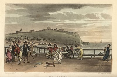 La terraza del spa: turistas paseando en un día ventoso en la terraza del acantilado. Grabado en cobre coloreado a mano por Thomas Rowlandson, aguafuerte por J. C. Stadler, basado en un boceto de J. Green de Poetical Sketches of Scarborough, Ackermann, Lon de Thomas Rowlandson
