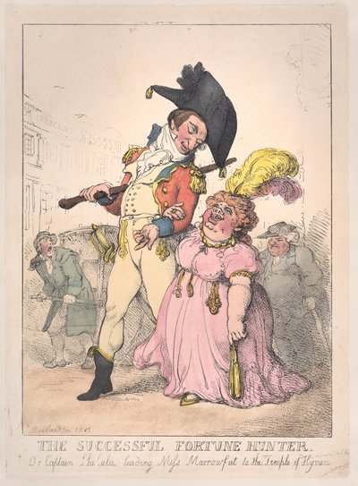 El Cazador de Fortunas Exitoso, o el Capitán Shelalee Liderando a la Señorita Marrowfat..., [1802], reeditado 1812 de Thomas Rowlandson