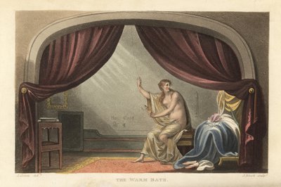 El Baño Caliente: mujer desnuda tomando un baño detrás de cortinas en una habitación de la Regencia de Thomas Rowlandson