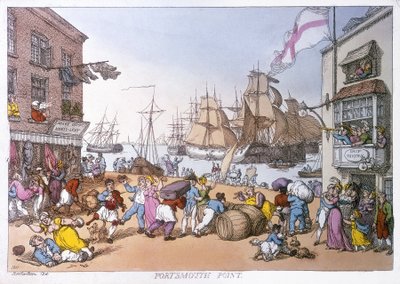El distrito de Portsmouth, caricatura que describe las actividades de este puerto inglés de Thomas Rowlandson