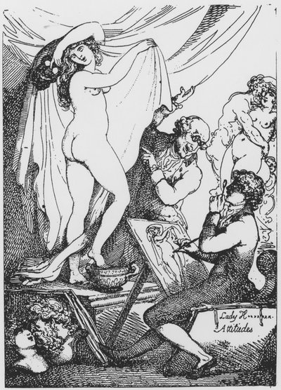 La futura Lady Hamilton posando como Higía, diosa de la salud, en el Templo de Esculapio del Dr. James Graham de Thomas Rowlandson