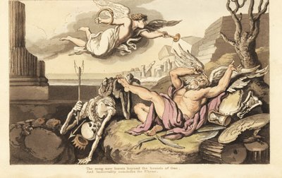 El esqueleto de la Muerte y el Padre Tiempo se extienden bajo el ángel de la Eternidad. Grabado en cobre coloreado a mano dibujado y grabado por Thomas Rowlandson de The English Dance of Death, Ackermann, Londres de Thomas Rowlandson