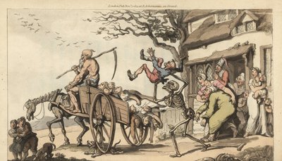 El esqueleto de la Muerte y el viejo Tiempo vienen a llevarse al viejo esposo de Goody Barton, pero el carro ya está demasiado lleno de cadáveres de Thomas Rowlandson