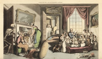 El esqueleto de la Muerte aparece en la sala de estar de una gran familia para llevarse a un niño o bebé recién nacido de Thomas Rowlandson