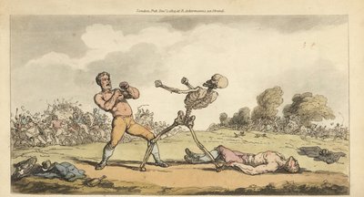 El esqueleto de la Muerte boxea con un boxeador de puño limpio mientras otro boxeador yace en el suelo y la multitud huye aterrorizada. Grabado en cobre coloreado a mano dibujado y grabado por Thomas Rowlandson del libro The English Dance of Death, Ackerma de Thomas Rowlandson