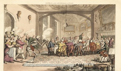 La muerte trae un plato fatal a un festín glotón en un gran salón. Grabado en cobre coloreado a mano dibujado y grabado por Thomas Rowlandson de The English Dance of Death de Thomas Rowlandson