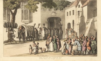 El esqueleto de la Muerte lleva plumas funerarias negras delante del cortejo de Lord Roland. The Good and the Great. Grabado en cobre coloreado a mano dibujado y grabado por Thomas Rowlandson de The English Dance of Death, Ackermann, Londres de Thomas Rowlandson
