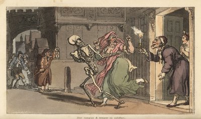 El esqueleto de la Muerte se lleva a una virago de una casa mientras un vigilante nocturno con linterna observa. Grabado en cobre coloreado a mano dibujado y grabado por Thomas Rowlandson de The English Dance of Death, Ackermann, Londres de Thomas Rowlandson