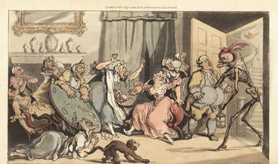 El esqueleto de la Muerte viene por la señorita Mostaza, una de las viejas damas solteras jugando a las cartas en un salón de Thomas Rowlandson