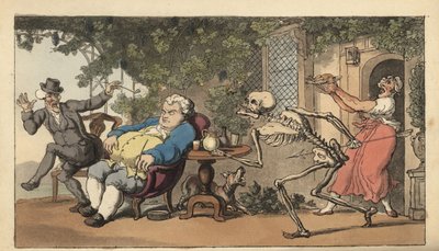 El esqueleto de la Muerte viene por Tom Higgins, un joven albañil que ha expirado esperando un plato fuera de una posada. Grabado en cobre coloreado a mano dibujado y grabado por Thomas Rowlandson de The English Dance of Death, Ackermann, Londres de Thomas Rowlandson
