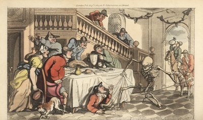 El esqueleto de la Muerte viene por un cazador mientras se esconde bajo una mesa después de una cacería de zorros. Grabado en cobre coloreado a mano dibujado y grabado por Thomas Rowlandson de The English Dance of Death, Ackermann, Londres de Thomas Rowlandson