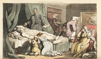 El esqueleto de la Muerte viene por el Doctor, mientras el sacerdote reza sobre el cuerpo muerto de un Buen Hombre llorado por su esposa e hijo de Thomas Rowlandson