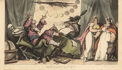 El esqueleto de la Muerte viene por el Adivino en su habitación decorada con globos planetarios, libros de astrología y un cocodrilo. Dos clientas miran aterrorizadas de Thomas Rowlandson