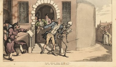 El esqueleto de la Muerte libera a un prisionero de la cárcel de deudores frente a su familia angustiada de Thomas Rowlandson