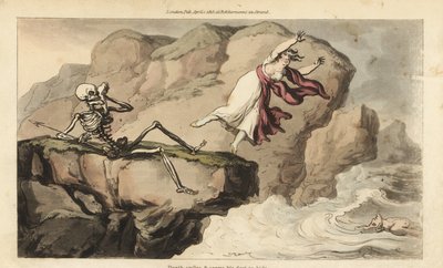 La muerte sostiene un pañuelo en su cuenca ocular mientras una mujer se suicida desde un acantilado para unirse a su amante ahogado. Grabado en cobre coloreado a mano dibujado y grabado por Thomas Rowlandson de The English Dance of Death de Thomas Rowlandson