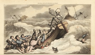 El esqueleto de la Muerte sostiene el timón en un bote de remos escapando de un naufragio, mientras su desesperada tripulación rema hacia la orilla y los pasajeros se ahogan en las olas. Grabado en cobre coloreado a mano dibujado y grabado por Thomas Rowla de Thomas Rowlandson
